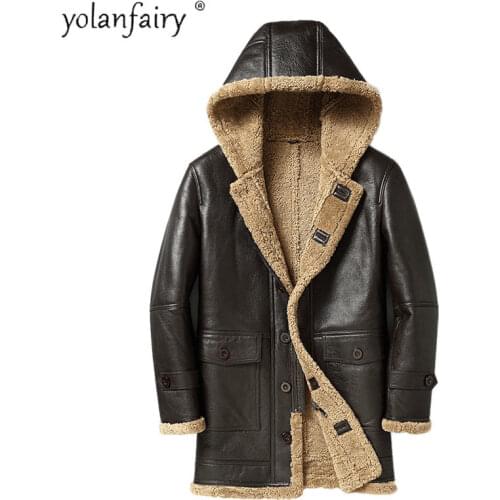Winter Genuine Leather Jacket Men Natural Fur Coat Sheep Shearling Mens Clothing Hooded Male Warm Flight Leather Jackets 2020