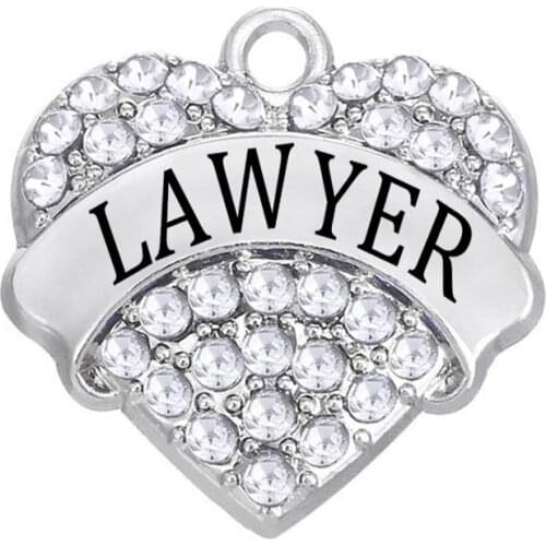 New Fashion Rhodium Plated Alloy Lawyer Pave Crystal Heart Charm Lawyer Gift Jewelry