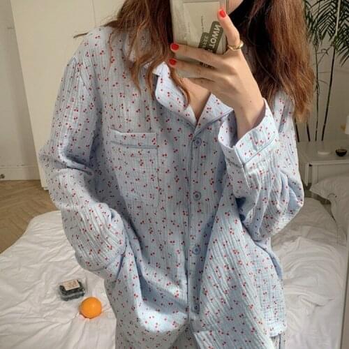 Sweet Lovely Cherry Printed Loose Pajamas Women Autumn Winter 2020 Homewear Pure Cotton Fashion Long Sleeve Suit sleepwear