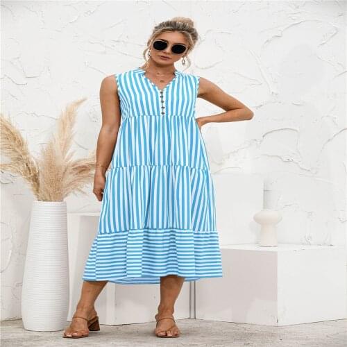 Summer Dress Women Striped Print A-Line Dresses Ruffles Button V-Neck High Waist Sleevelss Loose Long Dress For Women Robe Femme