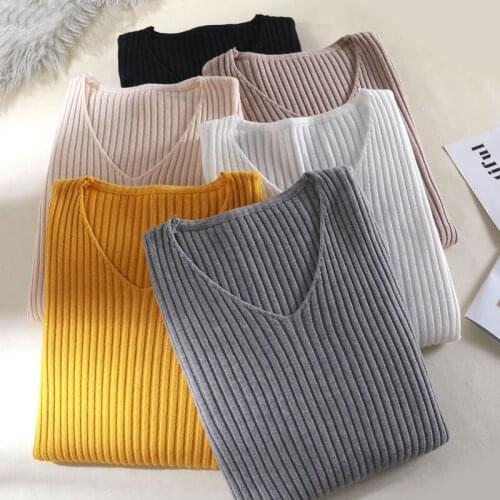 2020 Basic V-Neck Solid Autumn Winter Pullover Women Female Knitted Sweater Slim Long Sleeve Cheap Korean Ladies Casual 0853