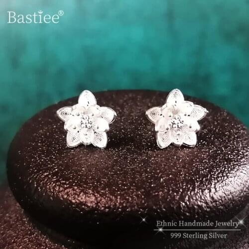 Star Flower 999 Sterling Silver Stud Earrings For Women Statement Earring Miao Silver Luxury Jewelry Boho Small Studs Handmade