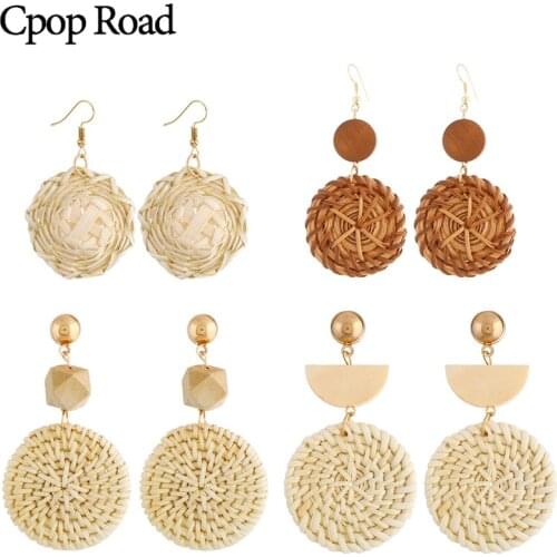 Cpop Vintage Geometric Round Handmade Rattan Bohemian Earrings for Women Pendant Ethnic Wood Earring Jewelry Fashion Accessories