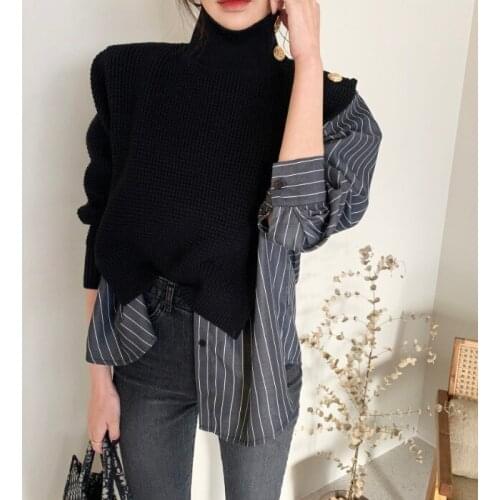 Vintage Irregular High-neck Fake Two-piece Sweater Striped Shirt Stitched Knitted Sweaters Fall 2020 Women Korean Tops