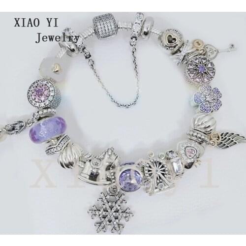 XIAOYI 2020 new 100% s925 Purple snowflake Trojan flower Ferris wheel crown cats eyes key fish wings Bead Bracelet female