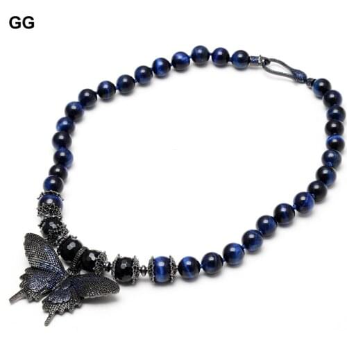 GuaiGuai Jewelry Natural Blue Tigers Eye Round Smooth Black Onyx Necklace Cubic Zirconia CZ Pave Butterfly Pendant 20" For Women