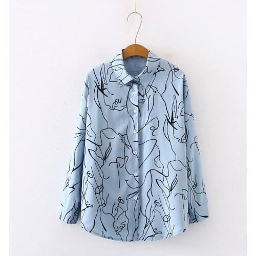 Women Cotton High Quality Print Loose Long Sleeve Blouses Shirts Autumn Casual Office Tops Shirt Blouse