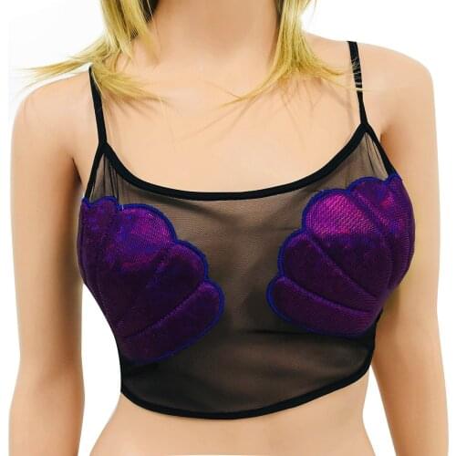 US Stock Womens See Through Sheer Mesh Bras Lingerie Sexy Metallic Mermaid Sea Shell Bralette Night Club Festival Rave Bra Tops