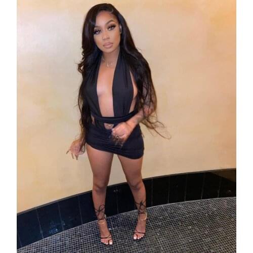 Black Color Asymmetric Skirts Outfits Womens Sexy 2 Pieces Night Party Sleeveless Halter Neck Bandage Top+Irregular Mini Skirts