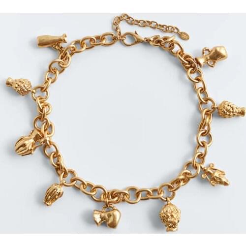 Fashion Punk Gold Link Chain ZA Choker Necklace Women Vintage Statement Necklace Jewelry Face Vase Shape Decoration Pendants