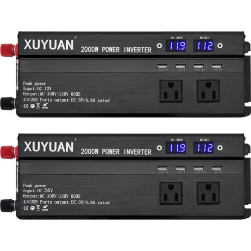 2000 Watts Car Inverter DC 12V 24V to 110V AC with 3 AC Outlets 4 USB Ports