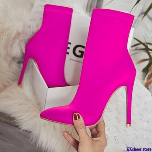 2020 Plus Size 42 Women Fetish Silk Sock Boots 11.5cm High Heels Stretch Stiletto Heels Red Neon Green Ankle Boots Peach Shoes