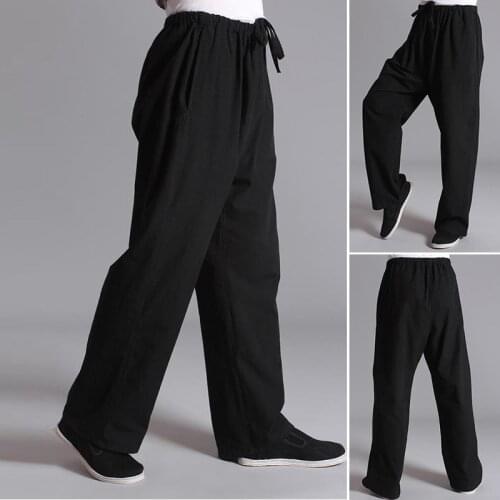 Men Solid Color Tai Chi Trousers Gym Kung Fu Martial Arts Sports Fit Retro Pants Vintage Mid Waist Male Summer Casual Long Pant