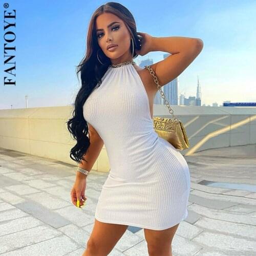 FANTOYE Sleeveless Backless Dress 2021 Summer Women Sexy Sling Halter Dresses Ladies Solid Midi Bodycon Skinny Nightclub Vestido