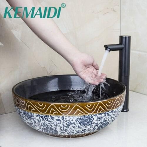 KEMAIDI Sensor Faucet Round Paint Golden Bowl Sinks / Vessel Basins Washbasin Ceramic Basin Sink & Faucet Tap Set 460189026