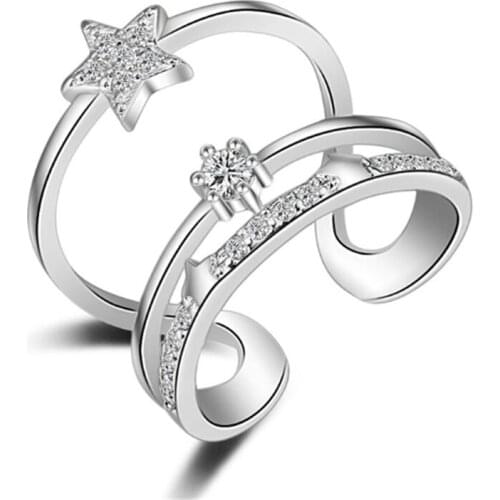 Korean version of the new personality fashion popular wild three-layer star opening silver plated rings SA059