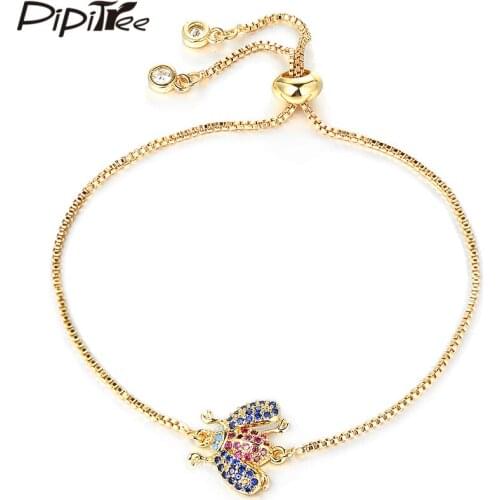 Pipitree Lovely Flying Ladybug Charm Bracelet Insect Jewelry Brass Chain AAA Blue & Fuchsia Cubic Zircon Bracelets Women Jewelry