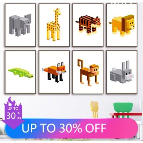 Minimalist Pixel Solid geometry Animals Poster Lion Giraffe Nursery Wall Art Canvas Painting Pictures Baby Kids Room Decoration