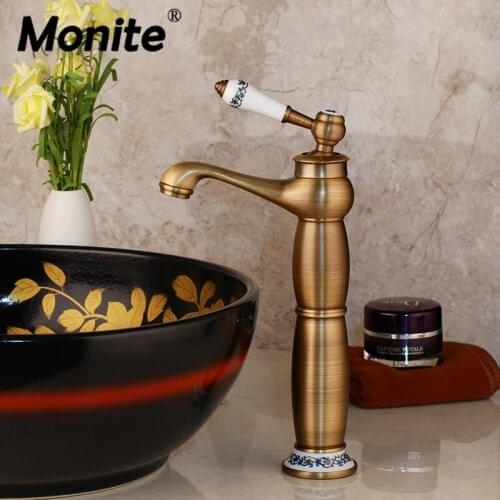 Monite Tall Antique Brass Chrome Basin Mixer Golden Bathroom Faucet Deck Mounted Basin Sink Mixer Tap Water Faucet Teapot Mouth