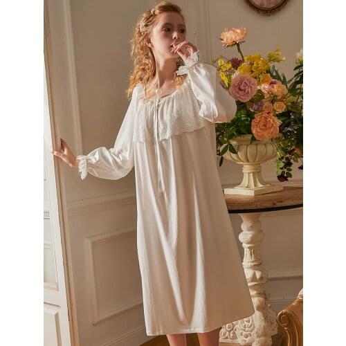 Nightgown Cotton Long Sleeve Sleepwear Vintage Nightgown European Medieval Style Nightdress Pink White
