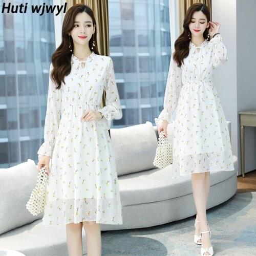Autumn Winter White Vintage Floral Chiffon Midi Dress Plus Size Boho Sexy Dress 2021 Elegant Women Party Casual Bodycon Vestidos