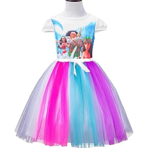Bibihou First Birthday Girls Clothing vaiana Summer Princess Girls Clothes Moana Cartoon Tulle Tutu Dresses Rainbow Handmade