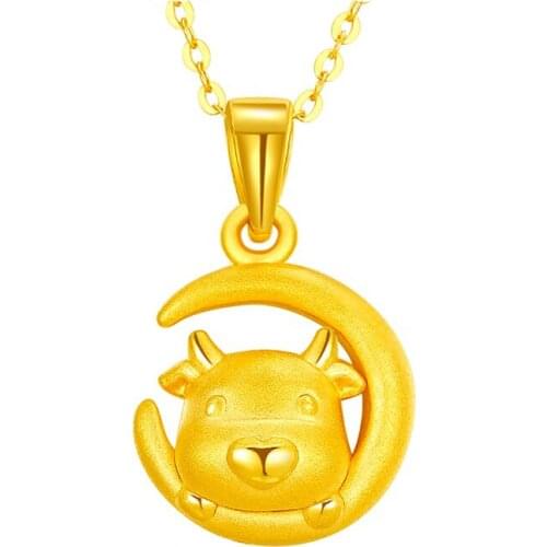 Real 3D 999 Yellow Gold Cattle Pendant Women Moon Cattle Necklace Pendant