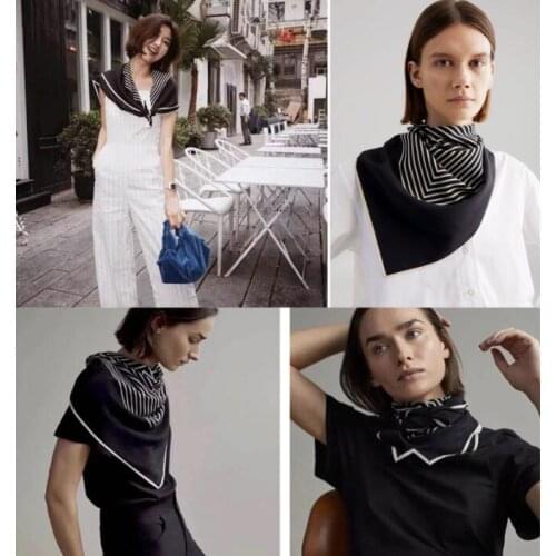 90CM Manual Hand Rolled Twill Silk Scarf Women Geometric Print Square Scarves Echarpes Foulards Femme Wrap Bandana Hijab