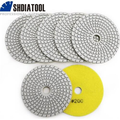 SHDIATOOL 7pcs 4" diamond wet flexible polishing pads B #200 100mm White bond sanding disc for granite stone marble
