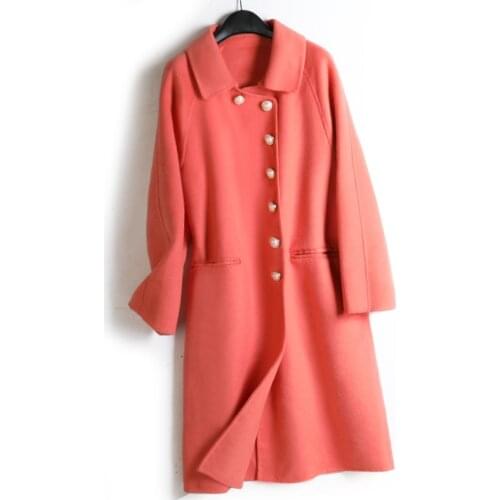 Spring 2020 new double-sided cashmere coat womens middle long national style pearl button Korean slim coat