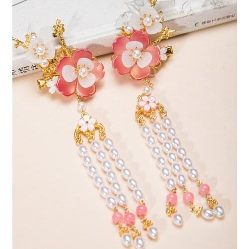 Long Pearl Flower Hair Clip Girl Long Tassel Hair Clips Hairpin HanfuTraditional Headdress Handmade Hair clip
