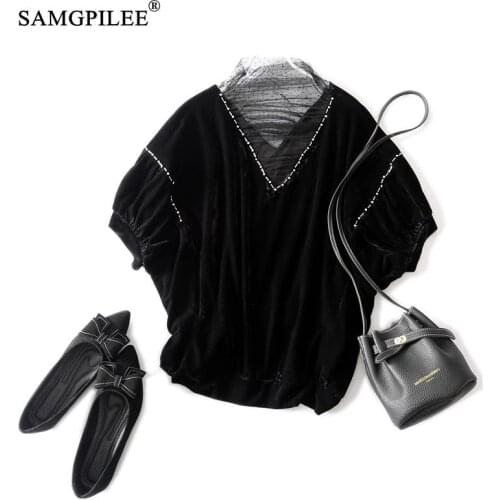 Tshirts For Women 2021 Spring New Beaded Mesh Stitching Velvet Pullover V Neck Bat Sleeve Plus Size Black Woman T-shirt 4XL