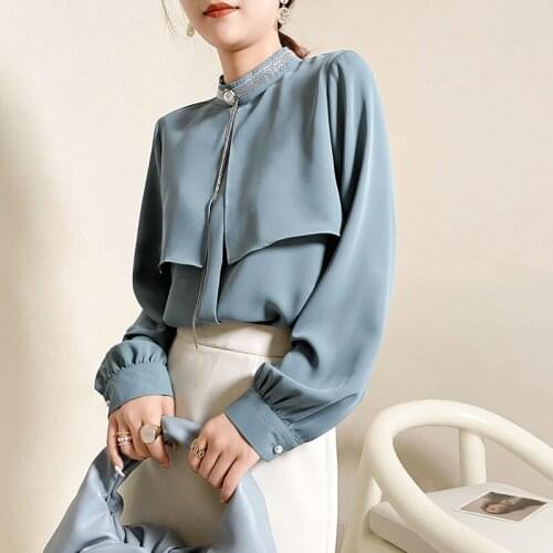 Solid Color Stand Collar Chiffon Shirt Full Sleeve Office Lady Fall Tops Patched Metal Chains Blusas Mujer Elegant Women Blouse