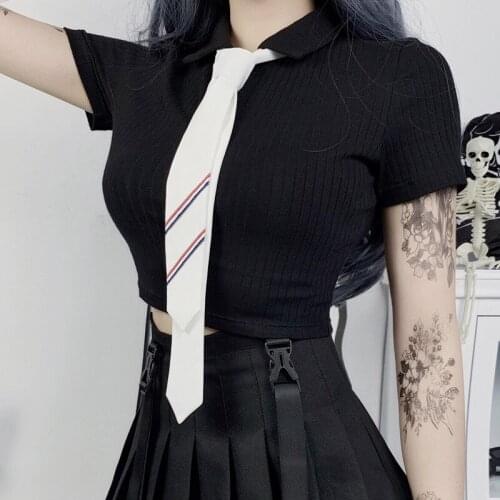 Goth Vintage Solid Black Bodycon Polo shirts Summer Casual Female Tops Women Harajuku 2021 Streetwear Short Sleeve shirts