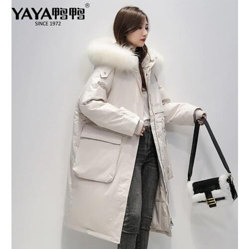 YAYA Womens Winter Duck Down Jacket Over-The-Knee Length Loose Thick Down Coat Big Pocket Real Fur Collar Hooded Warm Outerwear