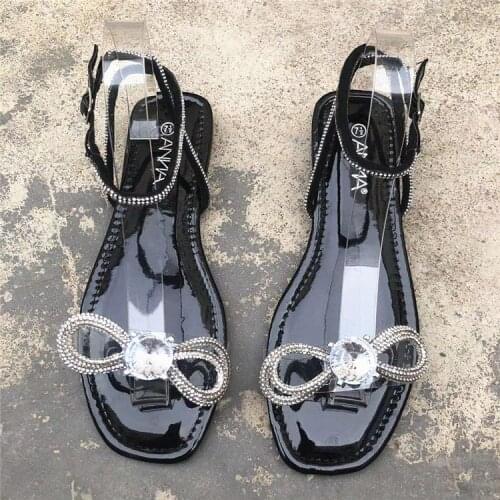 Koovan Womens Flat Sandals 2021 Large Size Female Sandals Fairy New Summer Wind Flat Cingulate Bow Rhinestone Womens Shoes