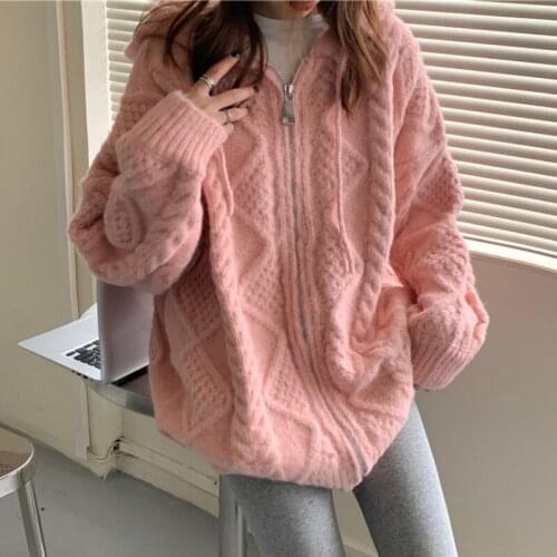 Female qiu dong han edition retro loose more languid is lazy outside wear sweaters to keep warm hooded cardigan coat