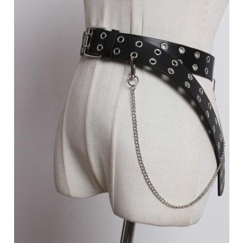 Women Faux PU Leather Belt Strap Waistband Eyelet Metal Chain Punk Rock Gothic Lolita Metal Buckle Straps Accessories 916-996
