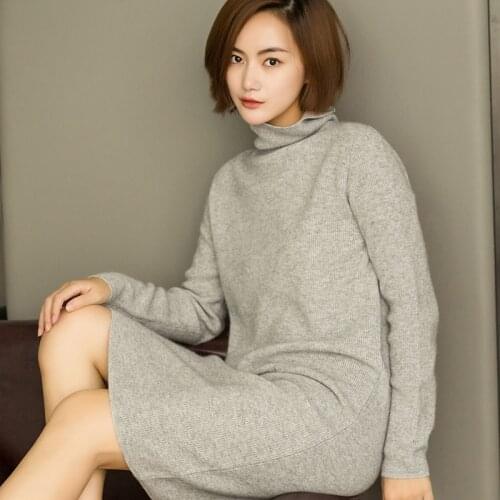 2019 100% pure cashmere sweater women soft comfortable high collar lapel sweater dress female fashion long pullover