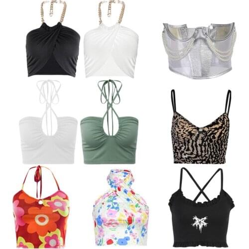 Women Sexy Metal Chain Halter Crop Top Sleeveless Ruched Cross Wrapped Chest Camisole Solid Color Slim Vest Clubwear