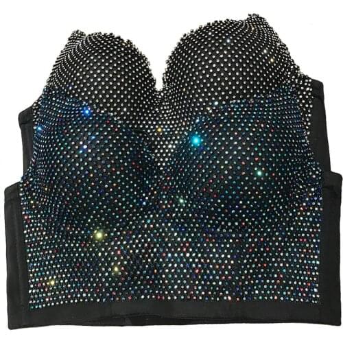 ShesModa Mesh Diamonds Womens Bustier Bra Night Club Party Cropped Top Vest Plus Size