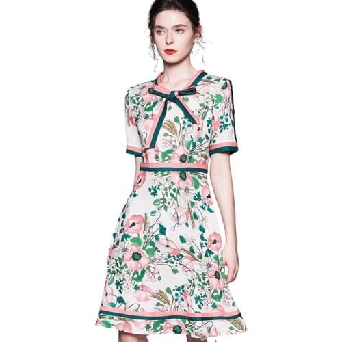 Womens dress High quality fashion womens new bow tie fungus lace print big swing slim slimming temperament dress plus size