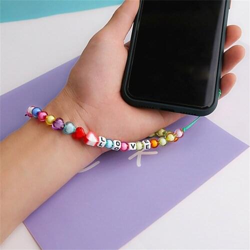 10pcs Wholesale Phone Chain Colorful Beads Mobile Phone Strap Lanyard LOVE Letter String Wristband Phone Case Hanging Cord Women