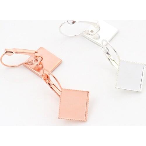 12mm 10pcs Bright Silver Plated and Rose Gold Color Square Style French Lever Back Earrings Blank/Base,Fit 12mm Glass Cabochons