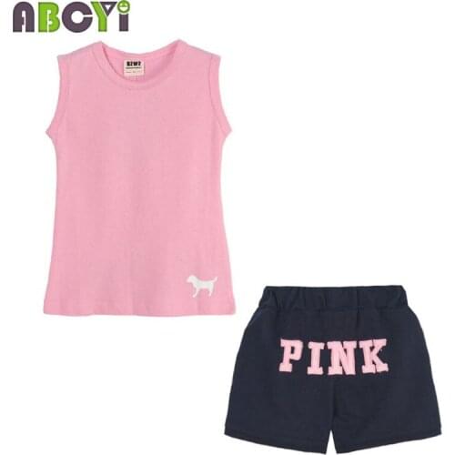 Girls Clothing Sets 2015 Summer Brand Embroidered Vest + Short Pants 2 Piece Baby Girl Set Children Pink Puppy Suit Kids Clothes