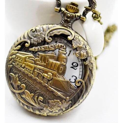 50pcs/lot Hot Sell Hollowed Bronze Train Pocket Watches Necklace Pendant Men Gift Watches for Christmas Wholesale