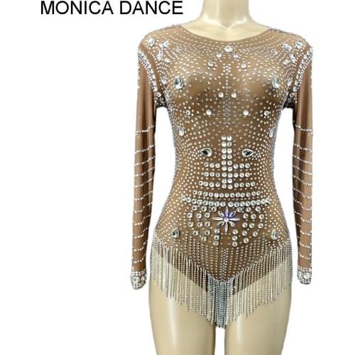 Sparkly Rhinestone Fringes Bodysuit Dance Costume See Through Nightclub Outfit Tassel Leotard Birthday Wedding Party Stage Wear