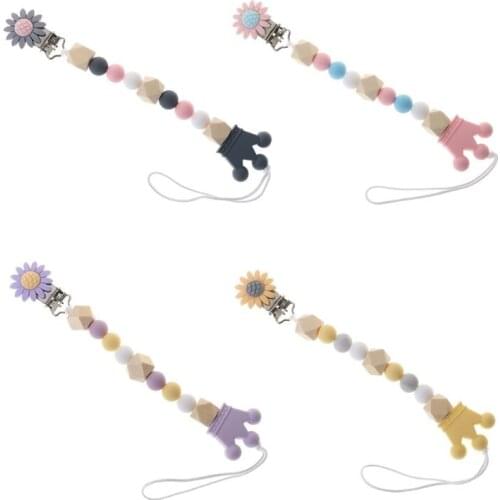 Pacifier Chain Food Grade Silicone Wood Beads Crown Cartoon Flower Pendant Strap Nipple Teether Towel Support Newborn Toddler 'z