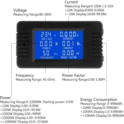 6in1 Digital AC 80~260V Power Energy Monitor Voltage Current KWh Watt Meter 100A 10A