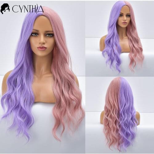 Long Wavy Cosplay Half Purple Pink Synthetic Wigs For Black White Women Daily Ombre Natural Fake Hair Heat Resistant Fiber Wig